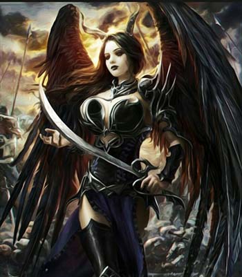 Angel with sword and large wings staring at you.