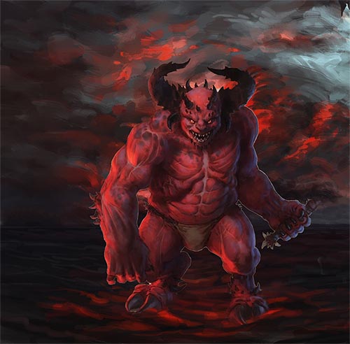 Moloch holding a weapon in hell to toruture.