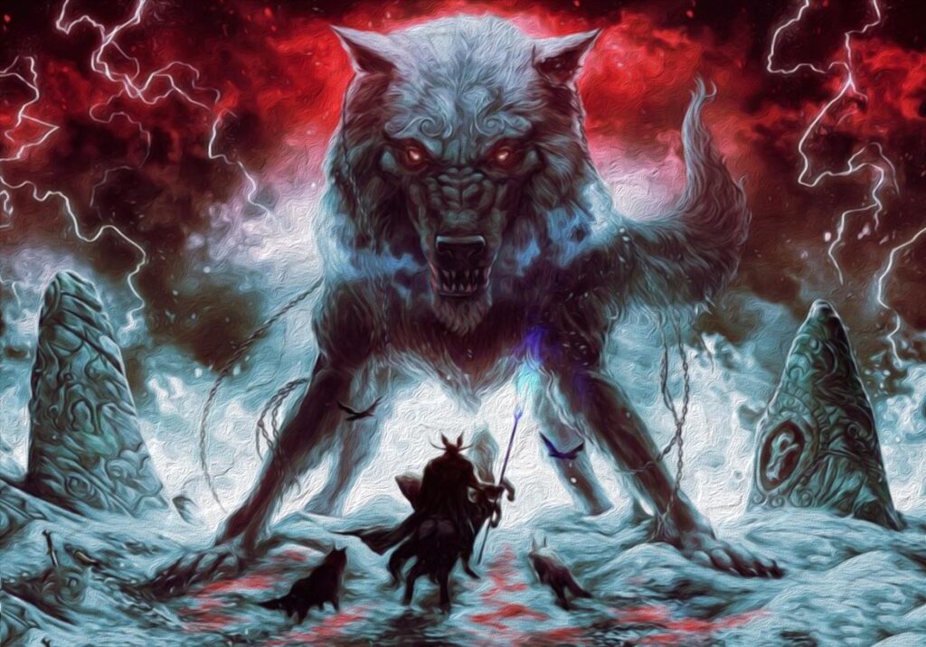 Fenrir wolf being confronted by hero and his dogs.