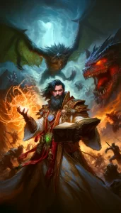 a highly detailed, painterly style portrait of a dungeon master character battling the forces of evil for the characters