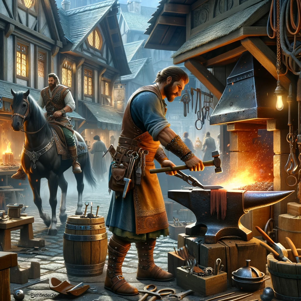 A blacksmith working in the city's plaza with busy city folks going by. 