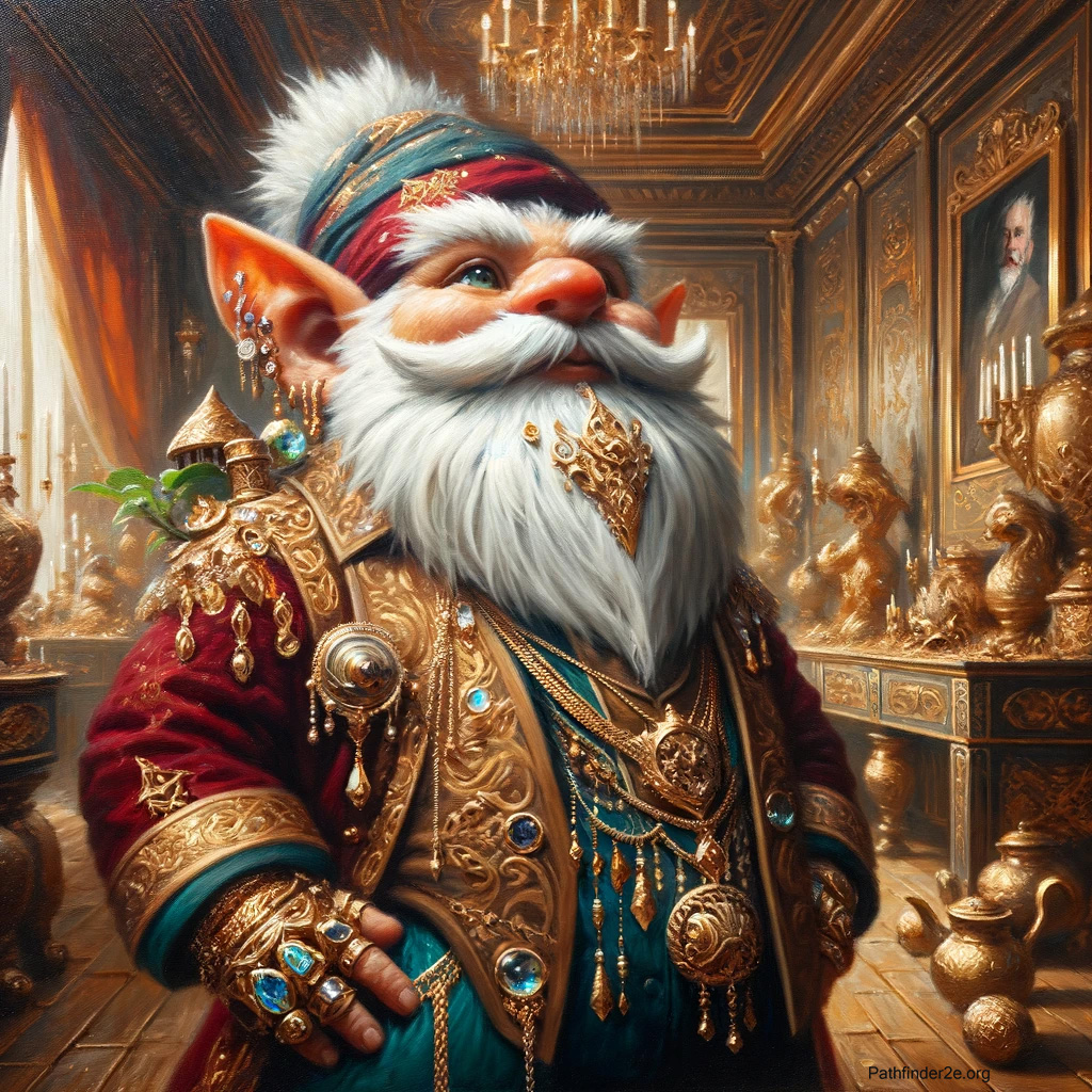 A very wealthy gnome surrounded by gold and luxury items.