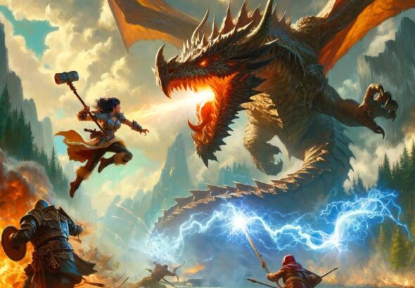 RPG characters fighting a dragon