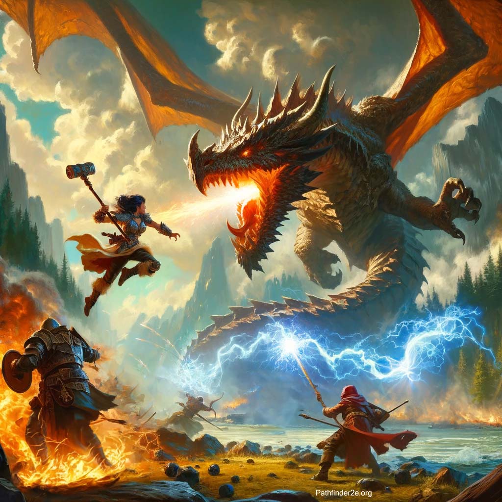RPG characters fighting a dragon