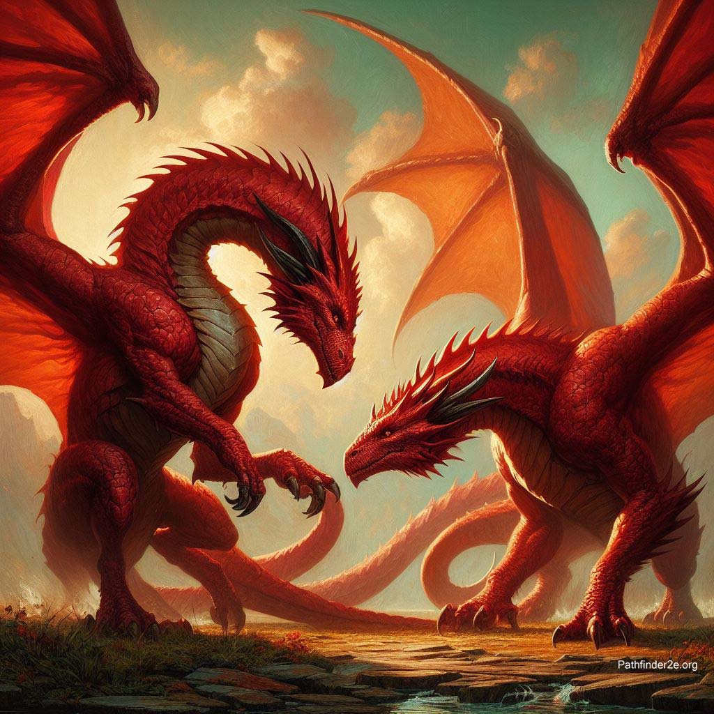 A male red dragon courting a female red dragon.