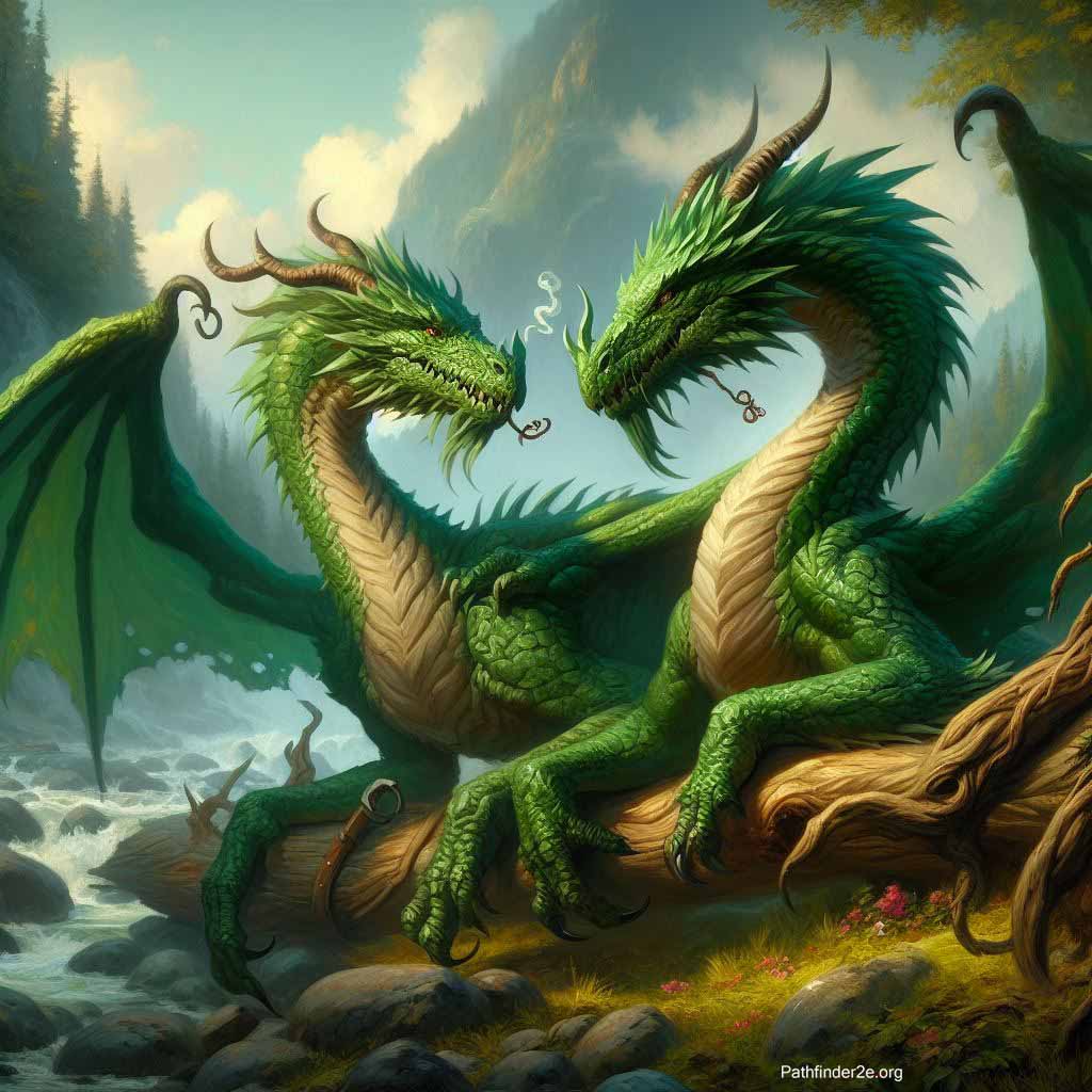 Two green dragons laying in the forest near a stream in love.