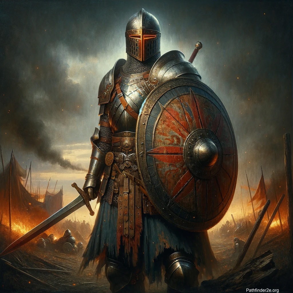 soldier standing with sword and shield in battlefield alone