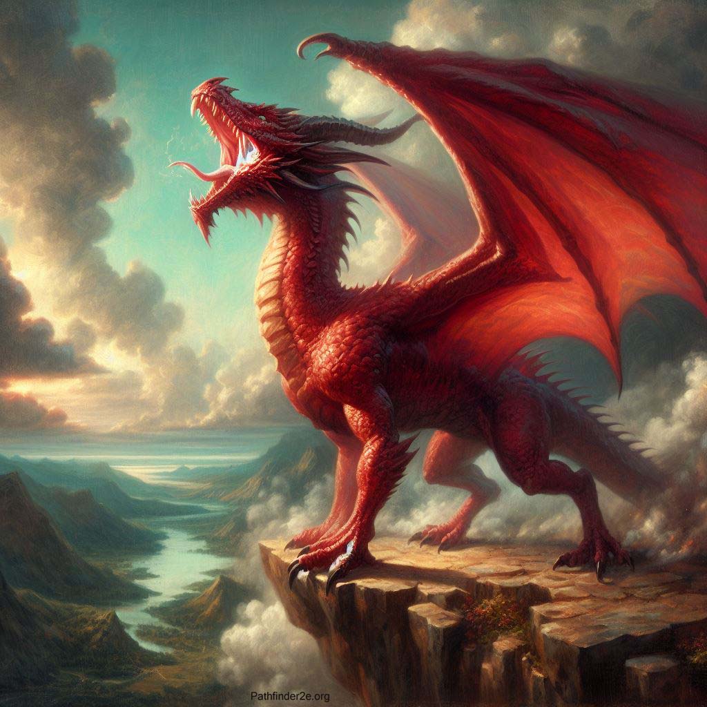 A red dragon calling for his mate in the mountains overlooking a river.