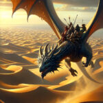 Character traveling through desert on the back of a flying dragon.