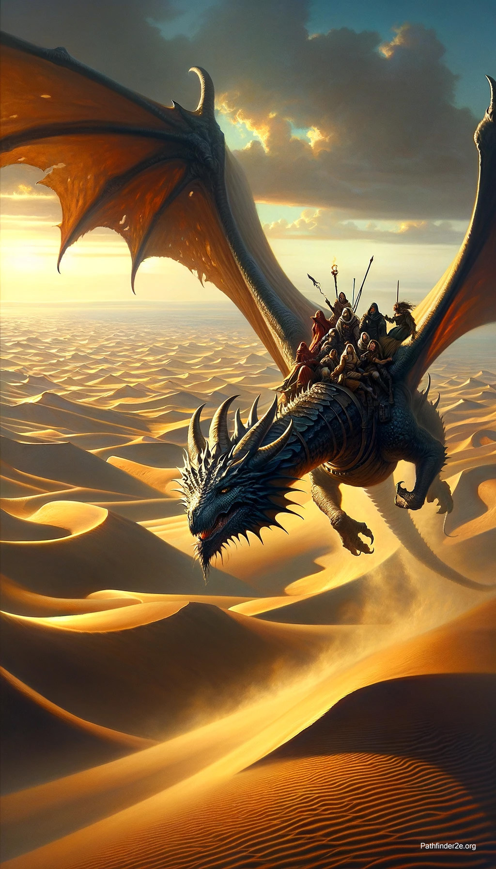 Character traveling through desert on the back of a flying dragon.