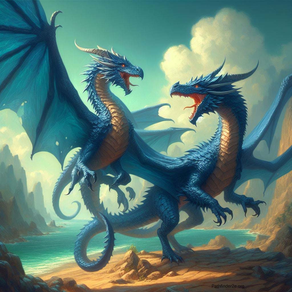 Two blue dragons in love with the male dragon courting the female dragon.