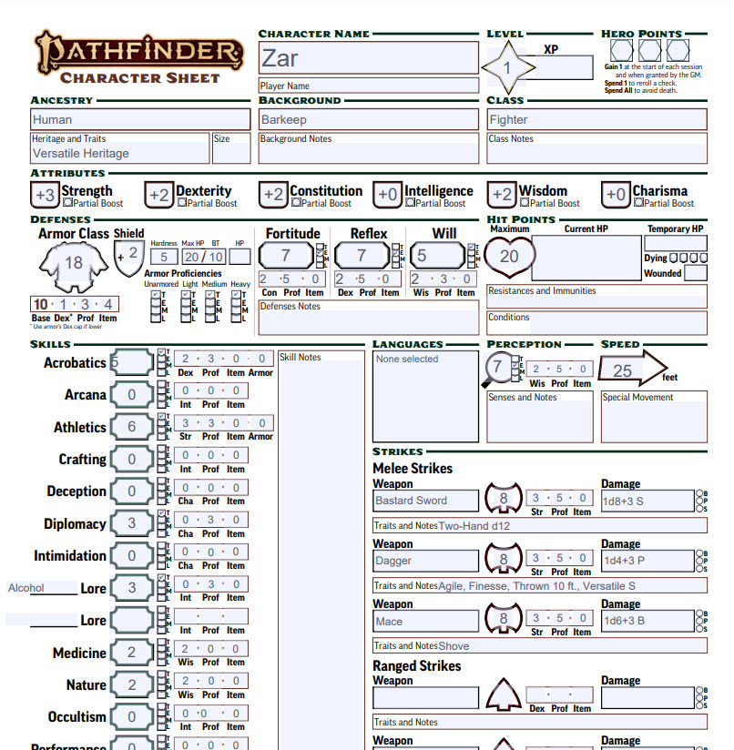 pdf character sheet pathfinder 2e