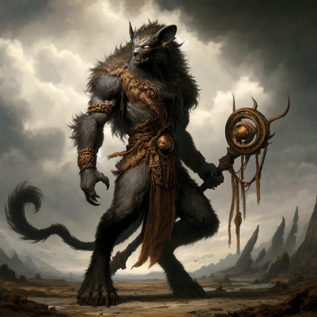 Yeenoghu is described as a fearsome demon lord known as the Beast of Butchery or the Gnoll Lord. He's depicted as a towering, hyena-like figure, which reflects his origins and connection to gnolls, whom he created. Yeenoghu combines elements of a hyena and a more demonic, humanoid form, often shown with a long, sinewy tail, a mane of coarse hair, and a gnarled, feral face with glowing eyes. He typically wields a three-headed flail that is as infamous as he is, embodying his role as a symbol of savage warfare and carnage. This portrayal aligns with the traditional imagery of Yeenoghu in Dungeons & Dragons artwork and literature.