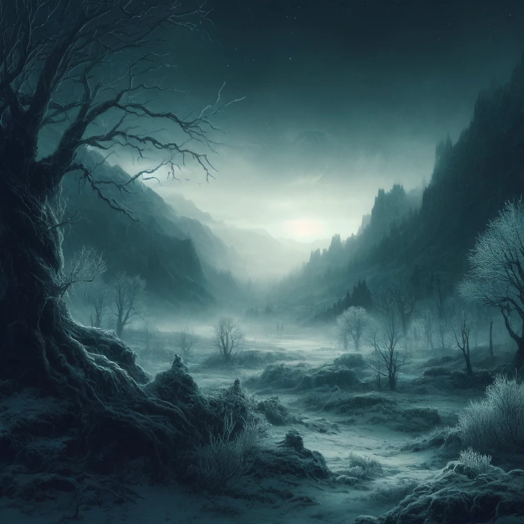 A haunting depiction of the background landscape of hel, the realm from norse mythology, deep within niflheim.