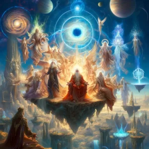 a majestic scene depicting immortal characters in a high fantasy setting. the immortals are shown in their grand forms, radiating power and wisdom.