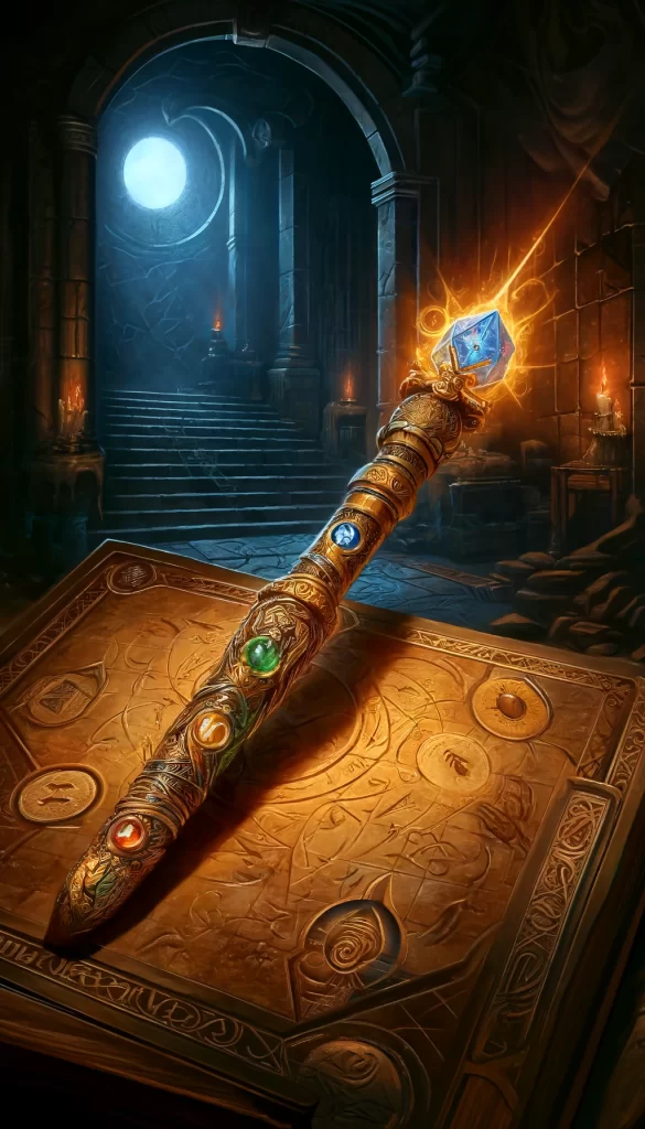 A powerful and mystical wand called the Wand of Element Transmogrification depicted in a classic Advanced-Dungeons-Dragons art style