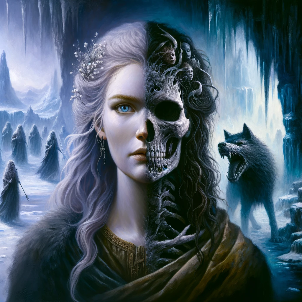 a realistic oil painting concept art of hel from norse mythology. hel has a dual appearance with one side of her face and body being beautiful and the otherside dead