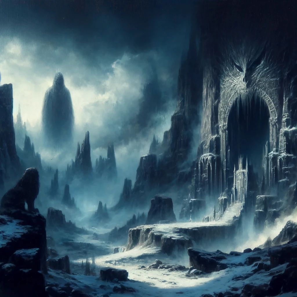 a realistic oil painting concept art of the norse realm of hel. the realm is depicted as dark and foreboding with icy landscapes and a misty cold world