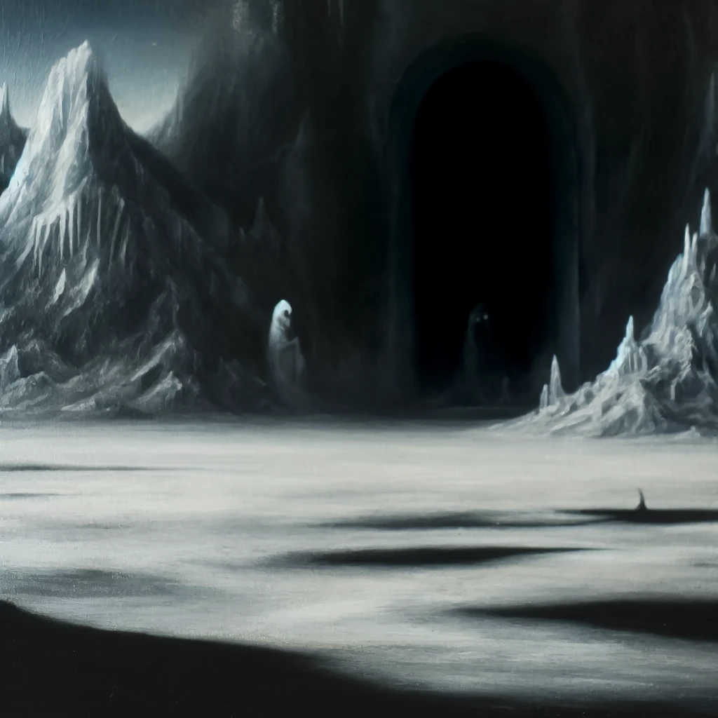 a realistic oil painting concept art of the norse realm of hel. the realm is depicted as extremely barren and desolate with dark icy landscapes