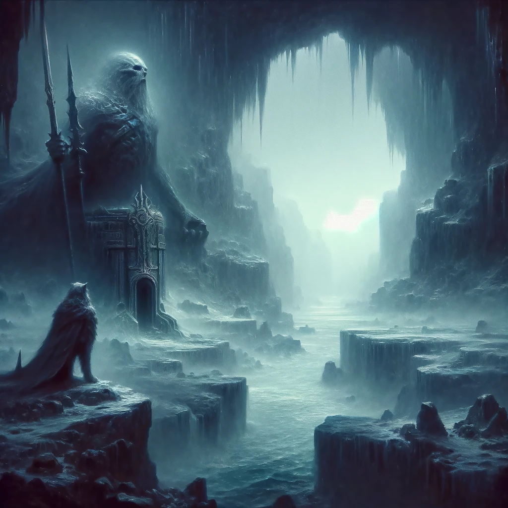 a realistic oil painting concept art of the norse realm of hel. the scene depicts a dark foreboding realm filled with shadows and ice