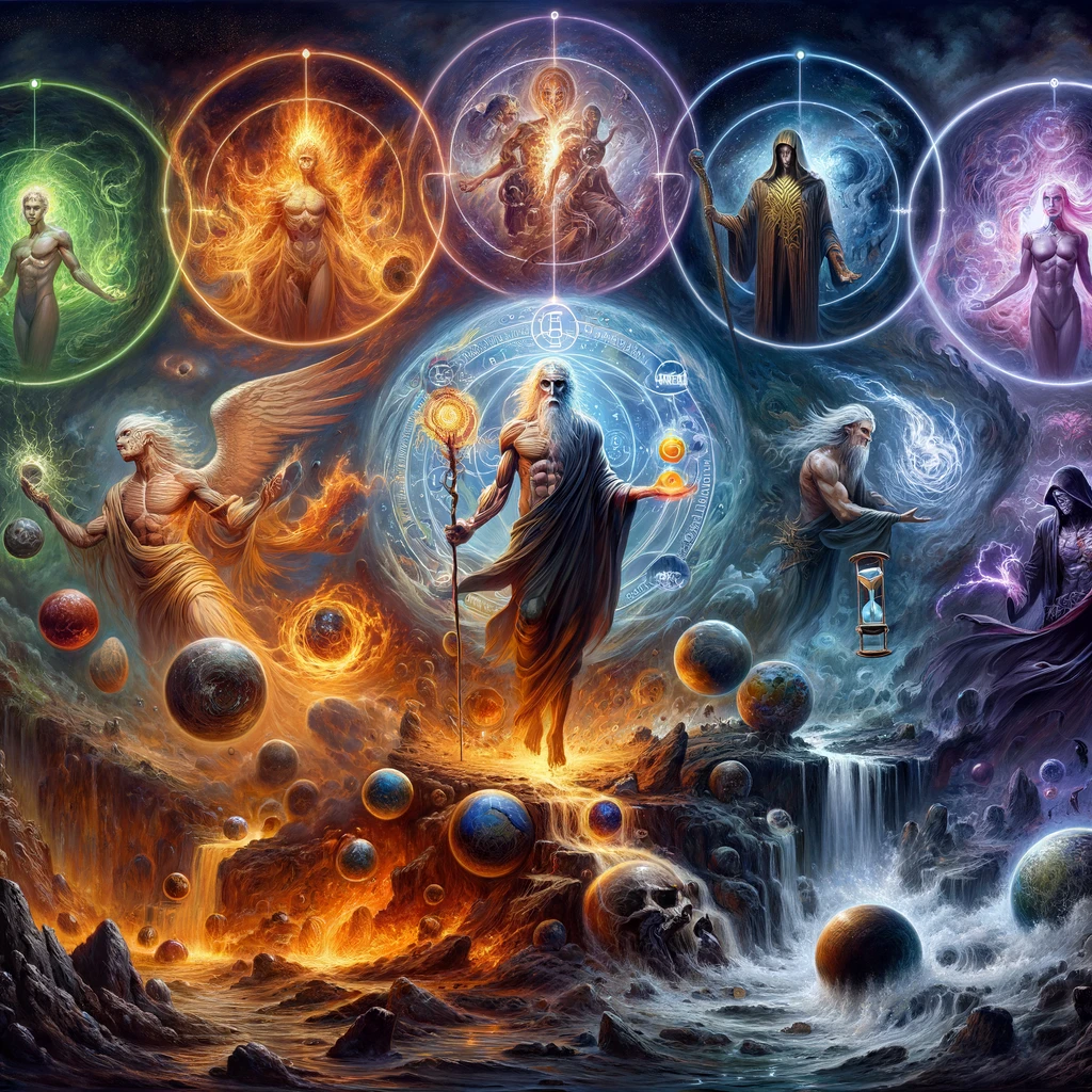 scene depicting immortal characters aligned with the five spheres of power—matter energy time thought and entropy