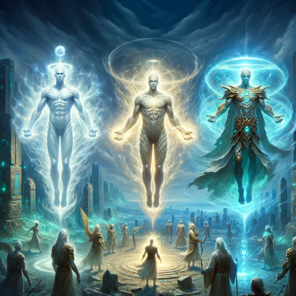 scene depicting an immortal character assuming multiple forms as pure incorporeal energy a durable material form for combat and their enhanced original mortal form