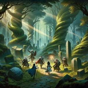 a group of adventurers in a dense, mystical forest, navigating a path scattered with ancient ruins and large, twisted trees (2)