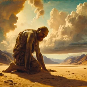 a painterly scene depicting a giant kneeling in the desert sand, under a dramatic, cloud filled sky. the giant has a rugged appearance, wearing tatter