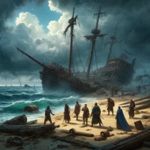 a shipwreck scene from a fantasy rpg adventure, set on a stormy beach with dark, ominous clouds overhead and rough seas