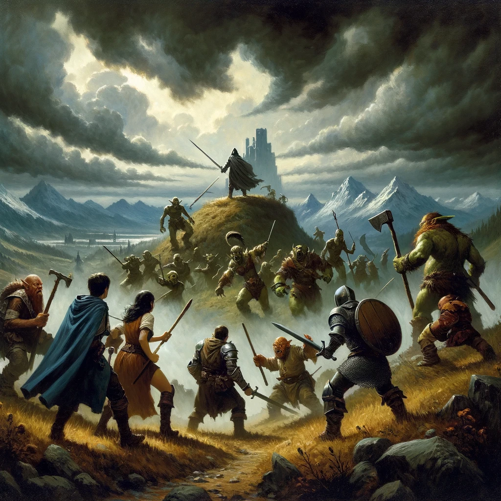 a tense confrontation on a hill from the treasure hunt rpg adventure capturing a stormy sky and a dramatic hilltop setting