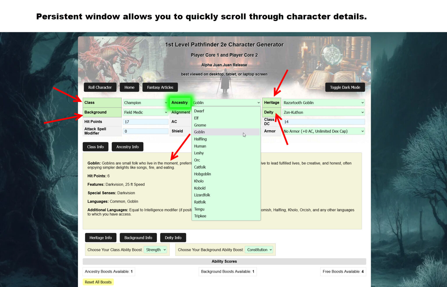 About the pathfinder character generator pathfinder2e