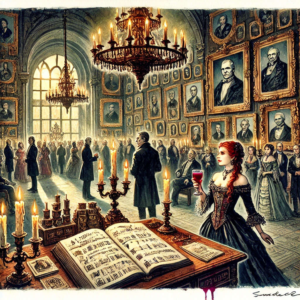 A watercolor painting depicting a vampire's grand social hall, an opulent chamber filled with portraits and artifacts from centuries of carefully main