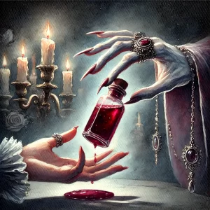 A watercolor painting of a mysterious transaction between a human and a vampire. A pale, clawed vampire hand, adorned with elegant rings, extends a sm