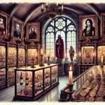 A watercolor painting of a vampire's trophy room, inspired by the grandeur and eerie history of an immortal collector. The room is candlelit, casting