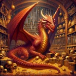 oil painting of an ancient red dragon in its vast treasure hoard. The dragon is surrounded by an incredible collection of weapons taken from would-